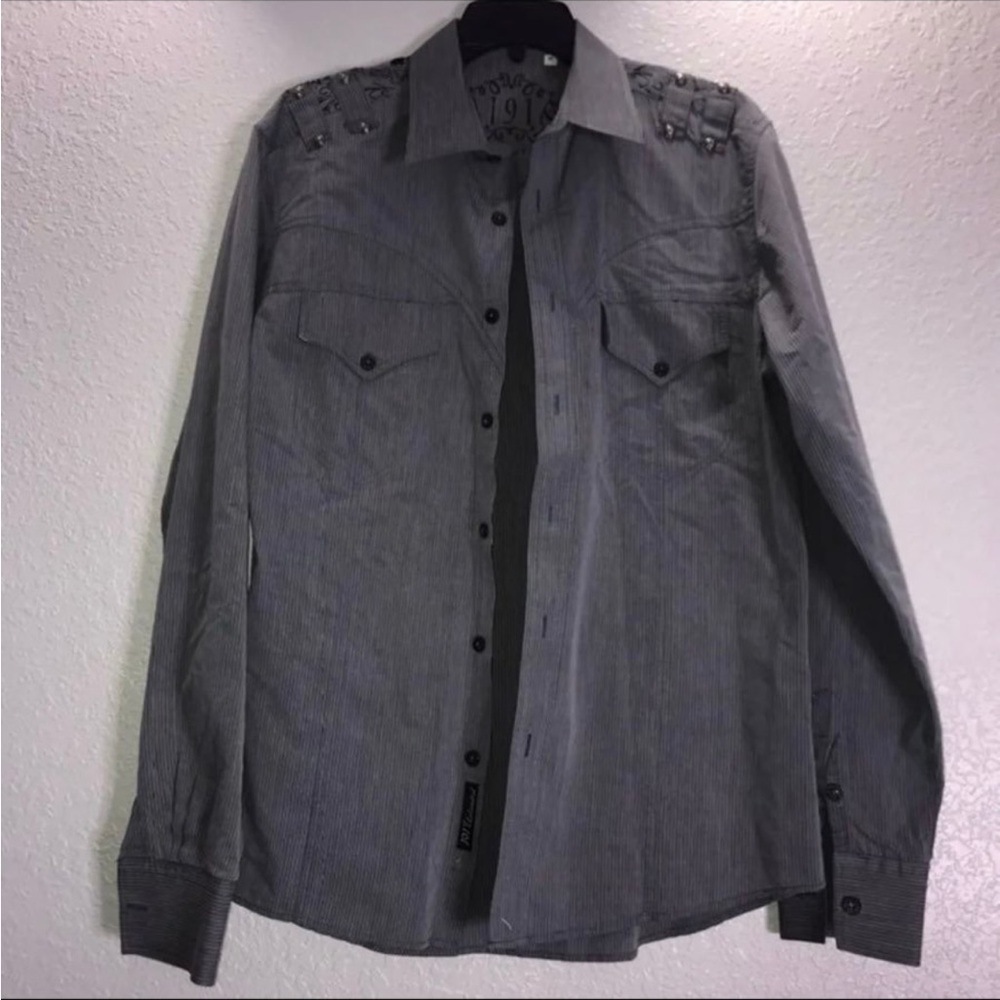 191 Unlimited Gray and Black Striped Shirt with Decorative Logo